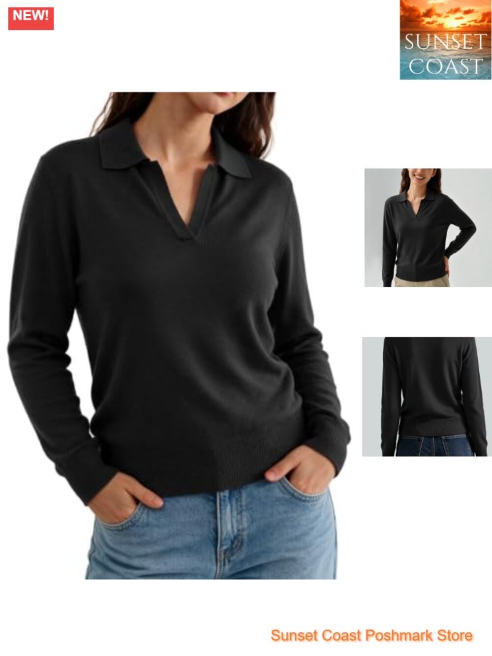 Wool Blend Polo Sweater Pullover Long Sleeve Collared V-Neck Knit Top